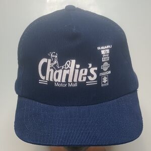 Vintage Charlie's Motor Mall Corduroy Snapback Hat.